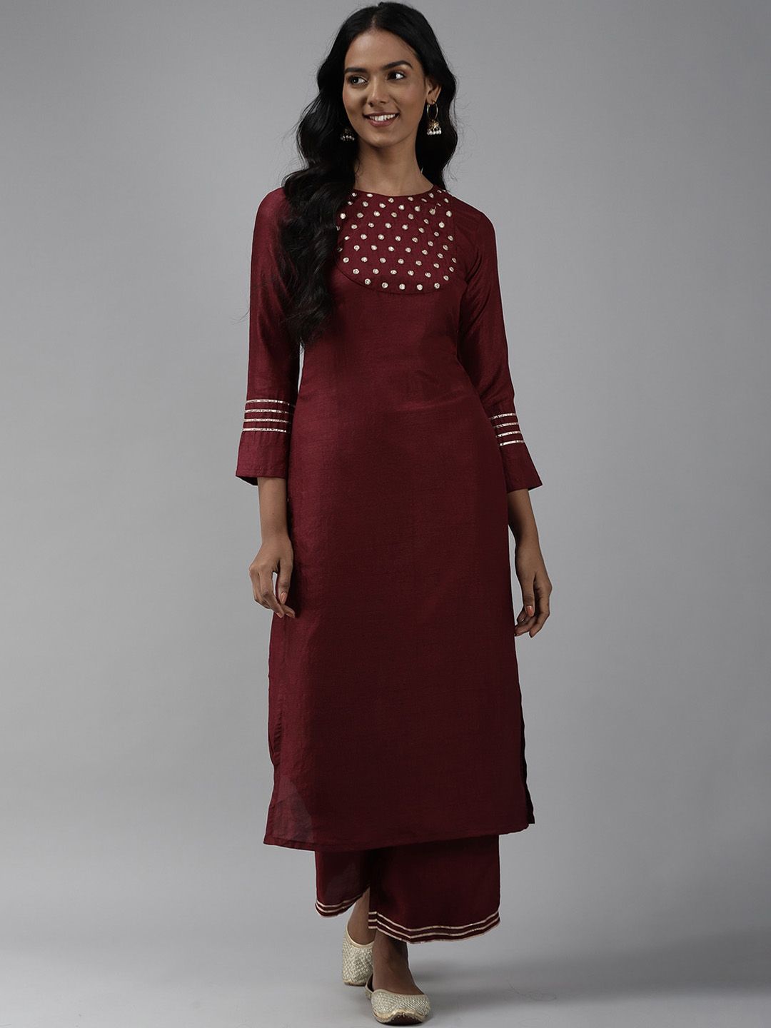 Indyancart IE Embroidered Mirror Work Kurta with Palazzos