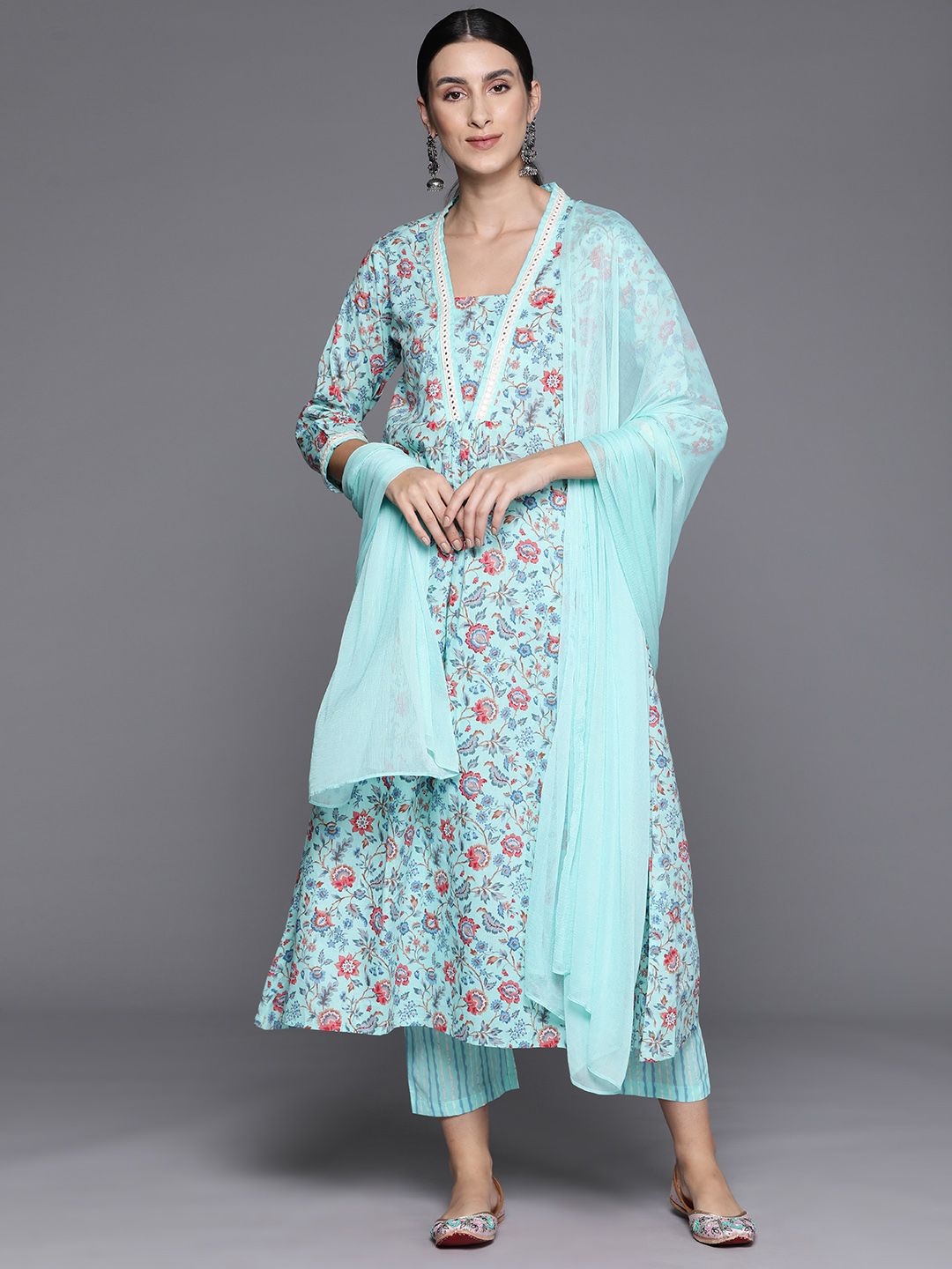 Indyancart VA Women's Floral Printed Empire Mirror Work Cotton Kurta with Trousers & With Dupatta