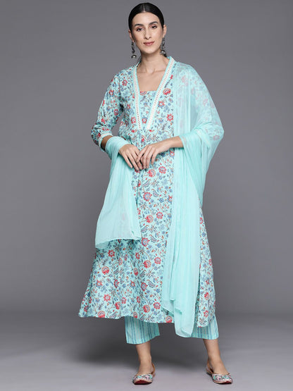 Indyancart VA Women's Floral Printed Empire Mirror Work Cotton Kurta with Trousers & With Dupatta
