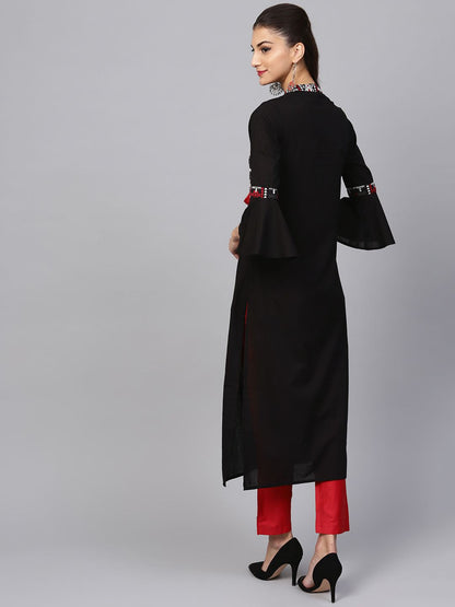 Dhiyona IE Women Black & Maroon Yoke Design Straight Kurta