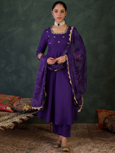Indyancart IE Embroidered Square Neck Anarkali Kurta With Trousers And Dupatta