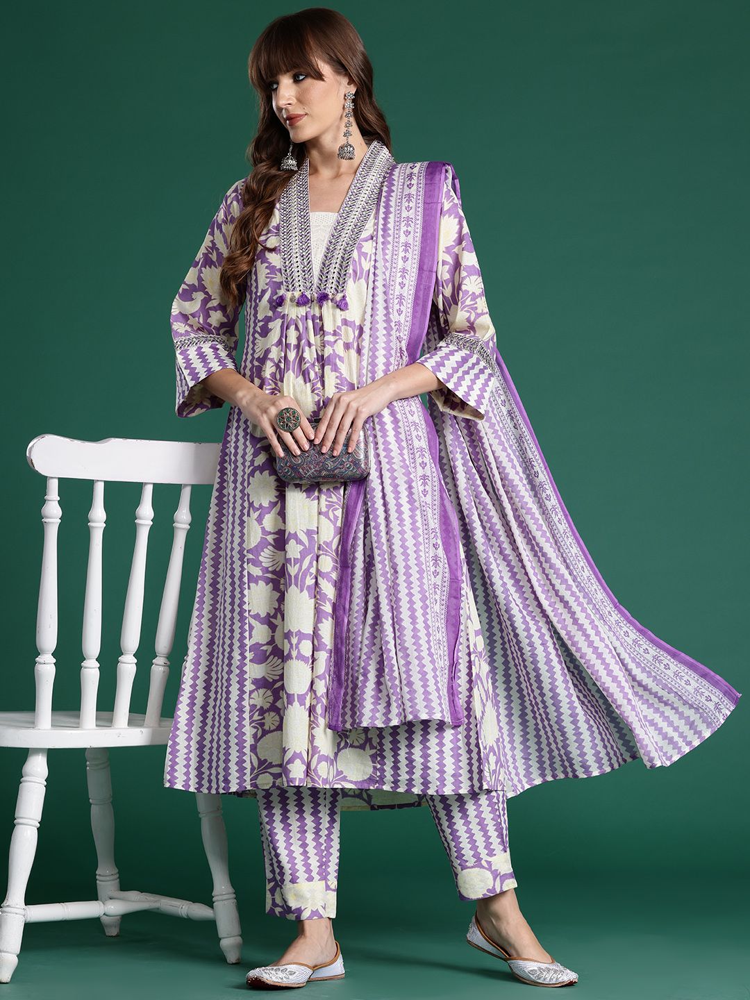 Indyancart IE Floral Printed Panelled Mirror Work Pure Cotton Kurta With Trousers & Dupatta
