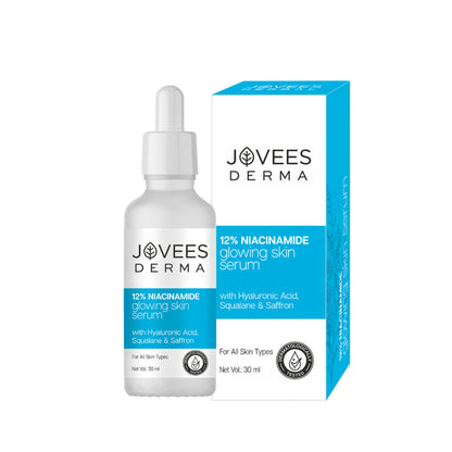 Jovees Herbal 12% Niacinamide Glowing Skin Serum bottle with dropper, featuring herbal ingredients for brightening and skin glow.