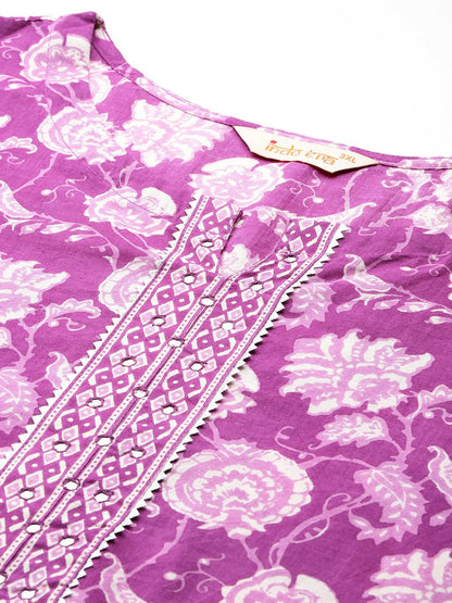 Indyancart Women's Plus Size Floral Printed Mirror Work Pure Cotton Kurta Set
