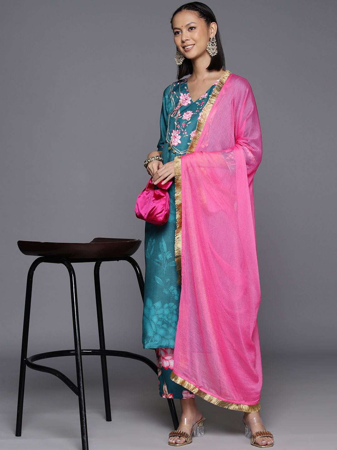 Indyancart VA Women's Floral Printed Regular Gotta Patti Kurta with Trousers & Dupatta