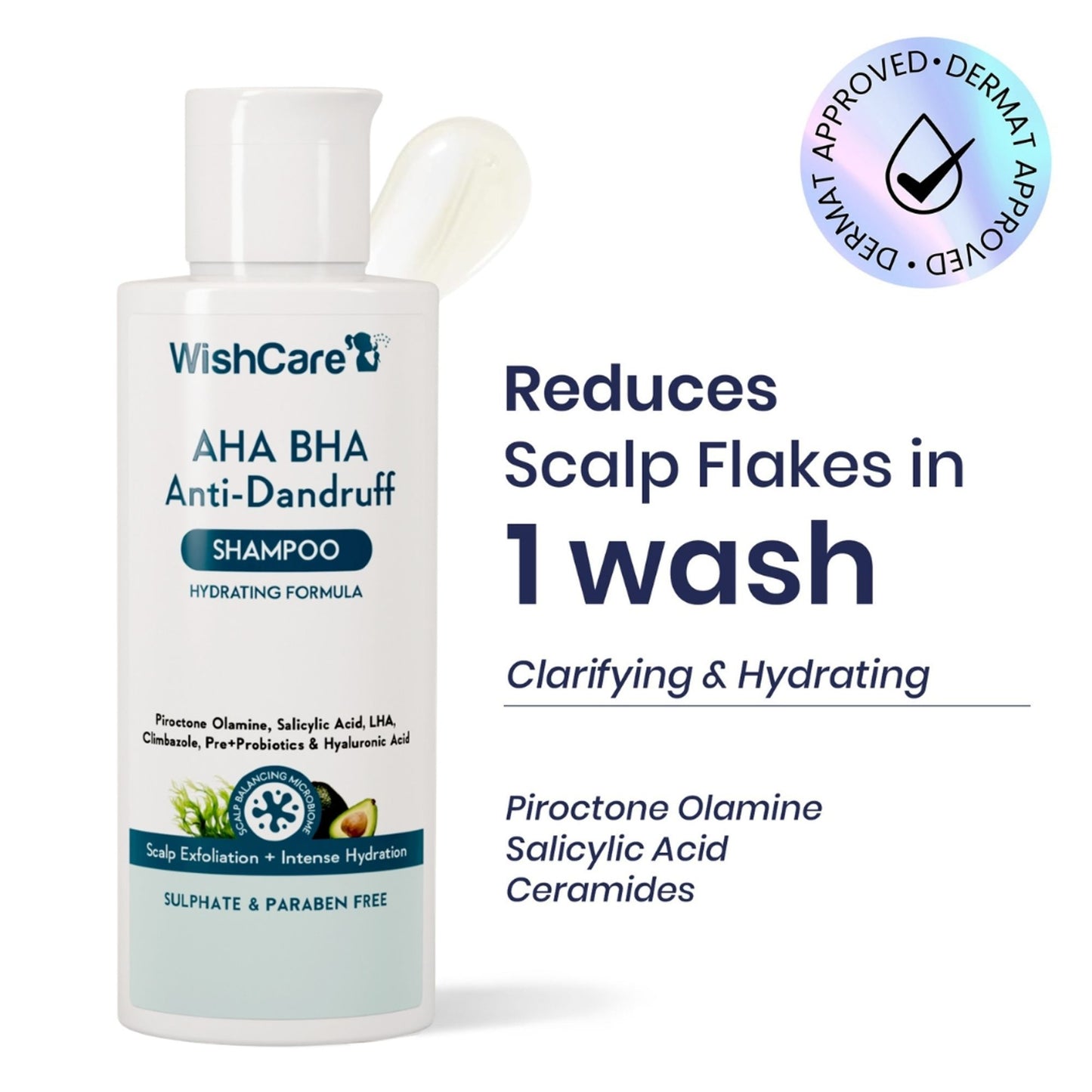 WishCare Hydrating AHA BHA Anti Dandruff Shampoo with Salicylic Acid - 100% Dandruff Reduction