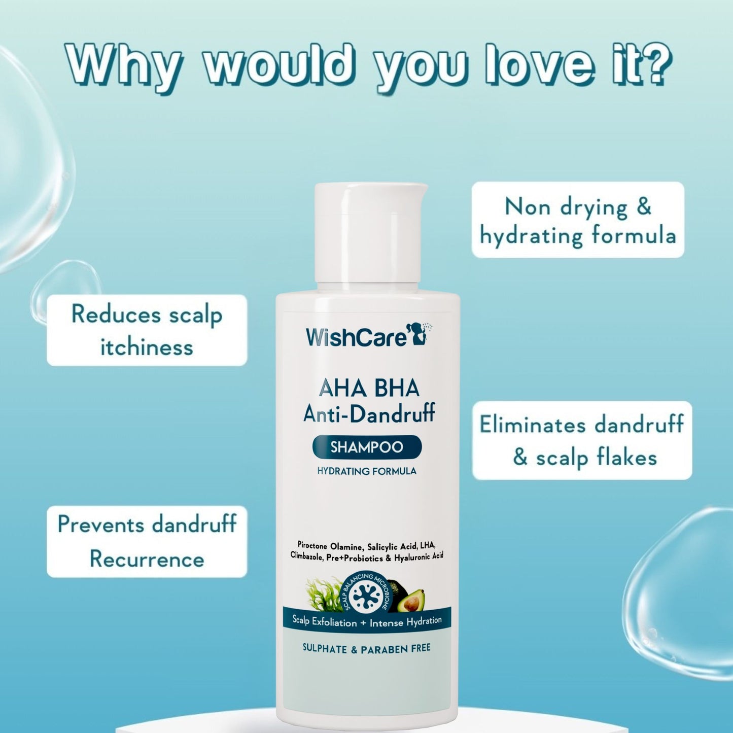 WishCare Hydrating AHA BHA Anti Dandruff Shampoo with Salicylic Acid - 100% Dandruff Reduction