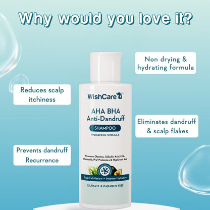WishCare Hydrating AHA BHA Anti Dandruff Shampoo with Salicylic Acid - 100% Dandruff Reduction