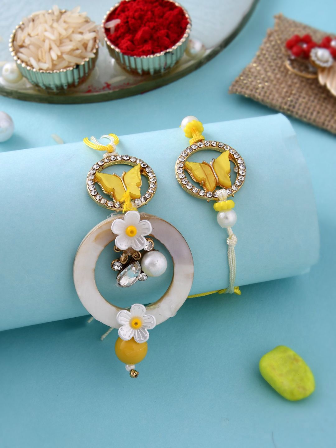 Anouk Yellow Beaded Bhaiya Bhabhi Rakhi With Roli Chawal & Greeting Card