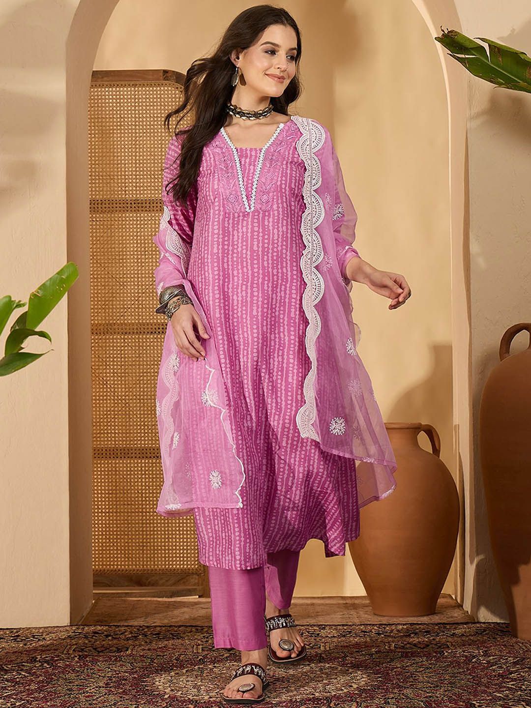 Indyancart SN Women's Abstract Printed & Embroidered V-Neck A-Line Kurta With Trousers And Dupatta