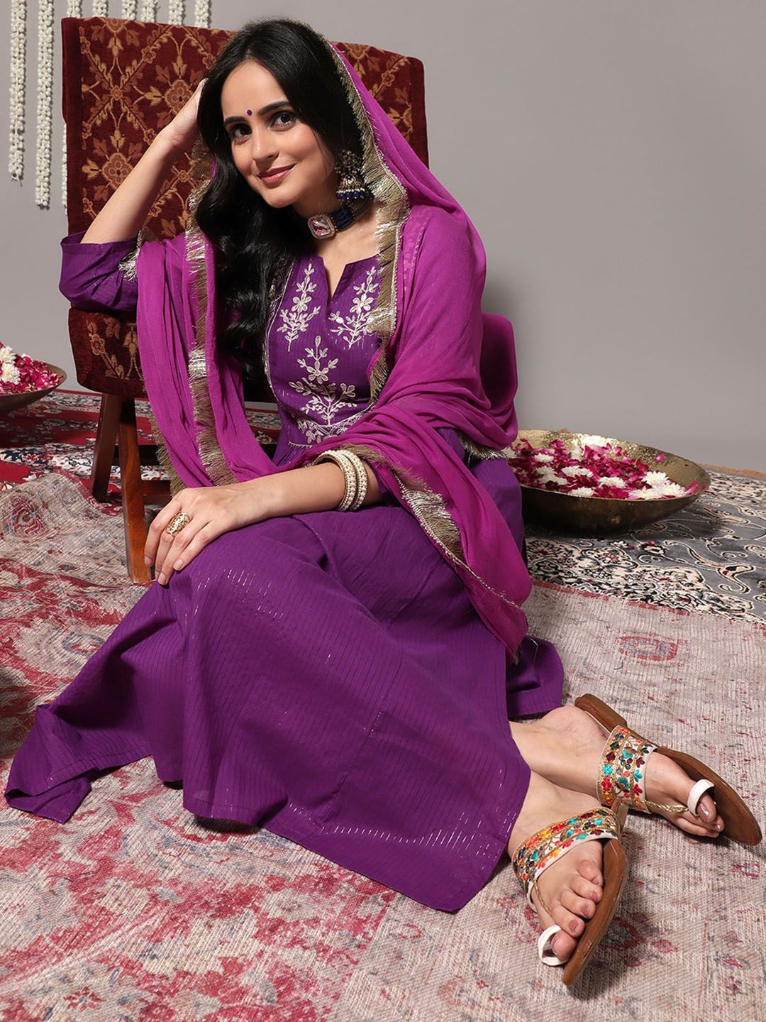 Indyancart VA Women'sFloral Yoke Design Gotta Patti Pure Cotton Kurta & Trousers With Dupatta