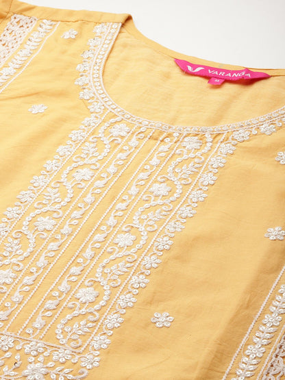 Indyancart VA Women's Embroidered Sequinned Pure Cotton Kurta with Trousers & Dupatta