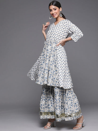 Indyancart VA Women's White Ethnic Motifs Printed Pure Cotton Kurta with Trousers & With Dupatta