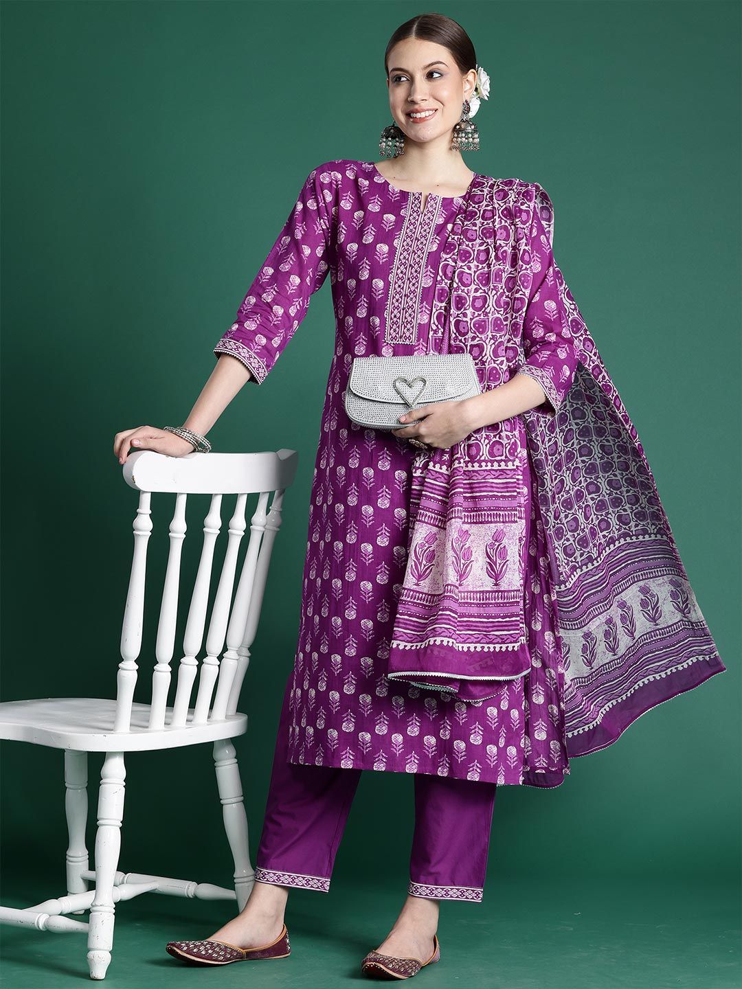 Indyancart IE Floral Printed Mirror Work Pure Cotton Kurta With Trousers & Dupatta