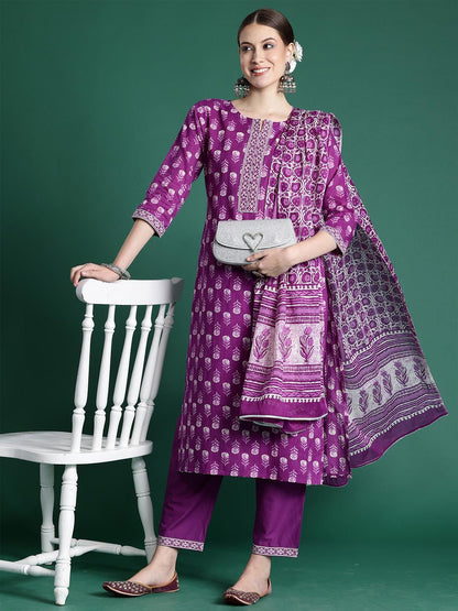 Indyancart IE Floral Printed Mirror Work Pure Cotton Kurta With Trousers & Dupatta
