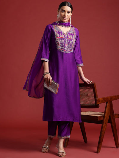 Indyancart IE Ethnic Motifs Yoke Design Liva Kurta With Trousers & Dupatta