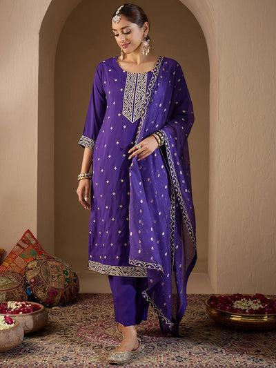Dhiyona IE Ethnic Motifs Embroidered Sequinned Kurta with Trousers & With Dupatta
