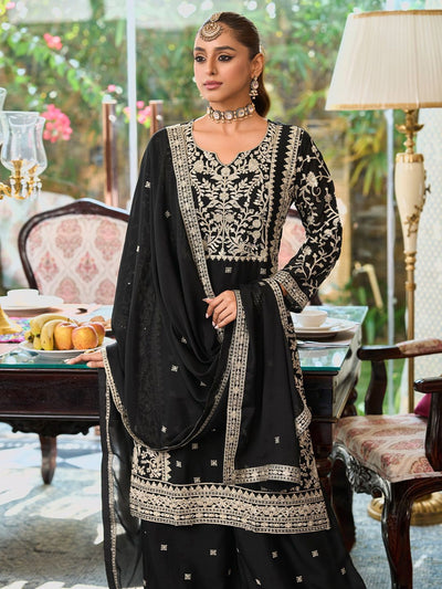 Dhiyona IE Floral Embroidered Round Neck Mirror Work Straight Kurta With Palazzos & Dupatta