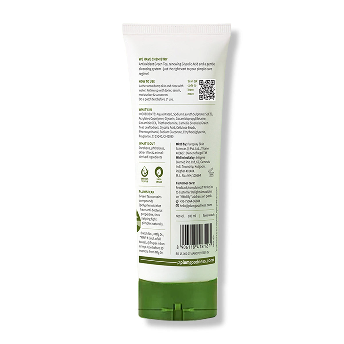 Plum Green Tea Pore Cleansing Gel Face Wash With Glycolic Acid - Fights Pimpels & Control Oil