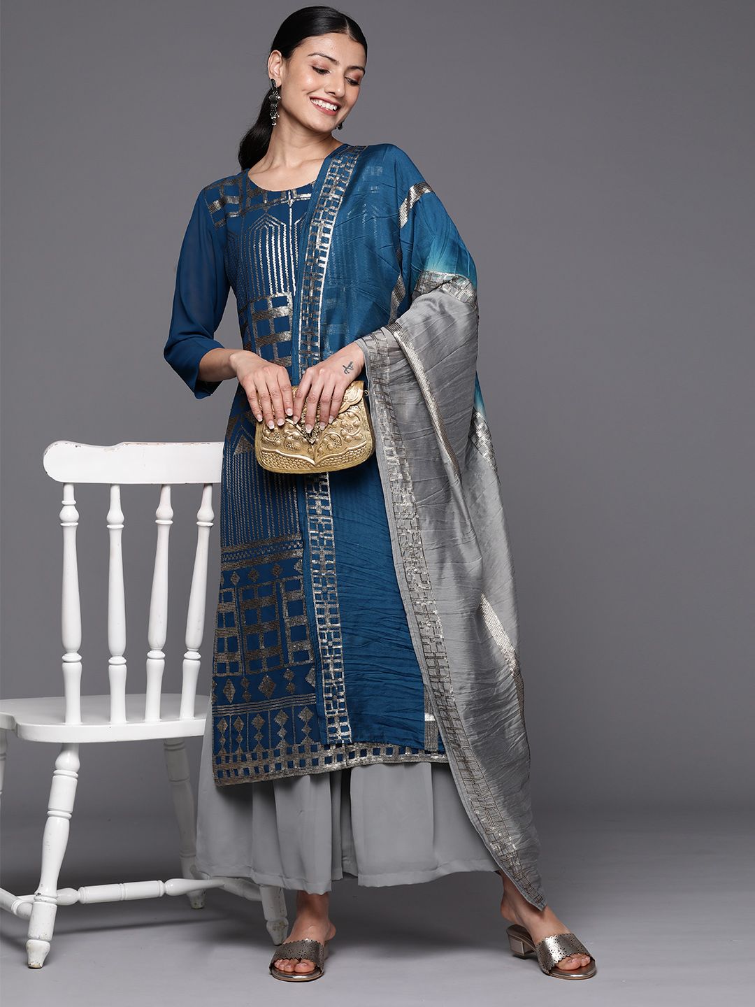 Indyancart VA Women's Grey Embroidered Sequinned Silk Georgette Kurta with Sharara & With Dupatta