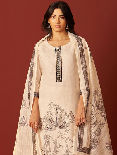 Indyancart IE Floral Printed Linen Kurta With Trousers & Dupatta