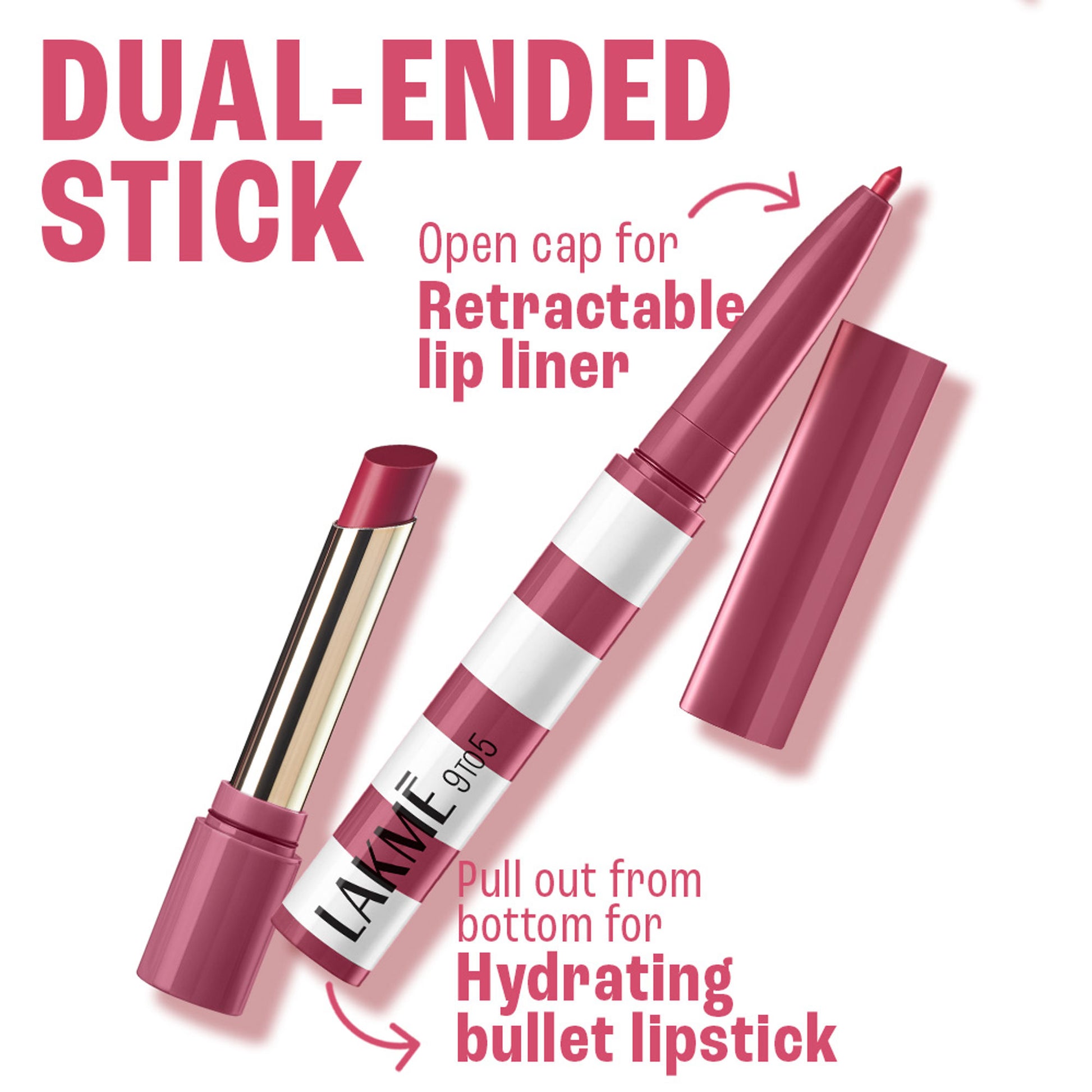 Lakme 9to5 Hya Beach Edit, Lipstick + Liner Duo, SPF 30, Hydrating Matte - Pro Pink Medium