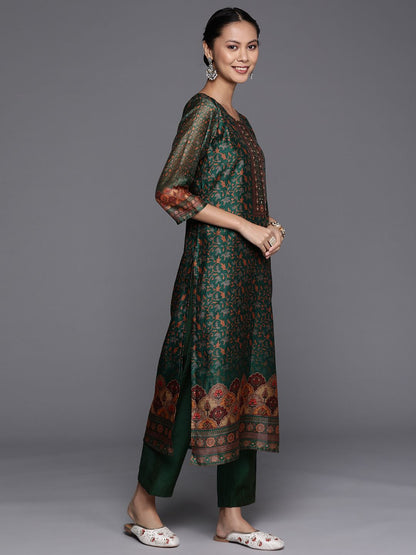 Indyancart VA Women'sEthnic Motifs Printed Sequinned Chanderi Cotton Kurta with Trousers & Dupatta