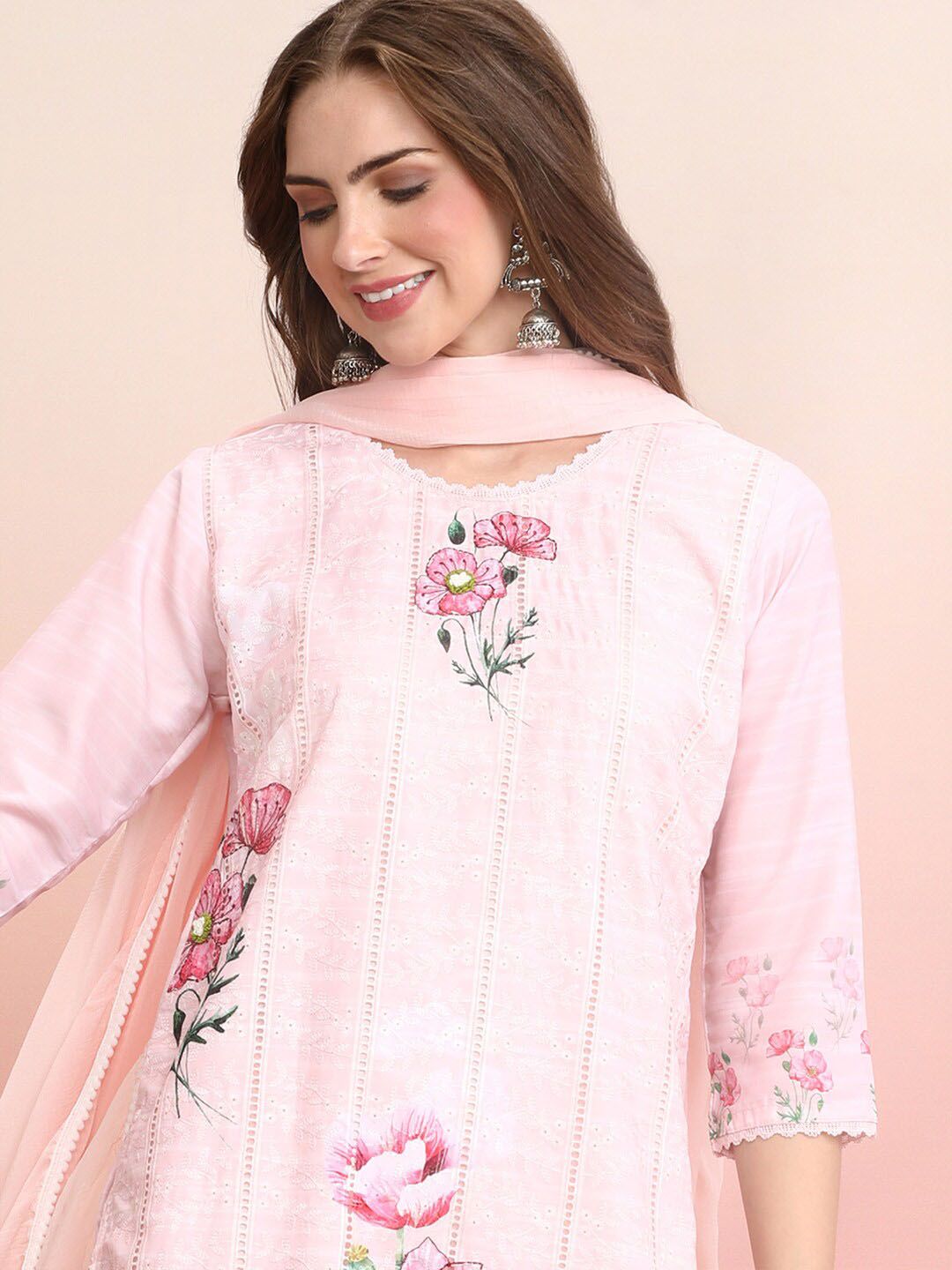 Indyancart IE Floral Embroidered Thread Work Pure Cotton Kurta with Trousers & Dupatta