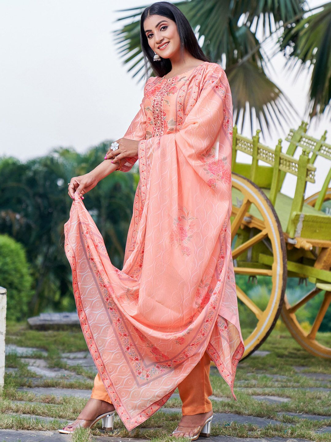 Indyancart IE Pink Floral Embroidered Round Neck Straight Kurta with Trousers & Dupatta