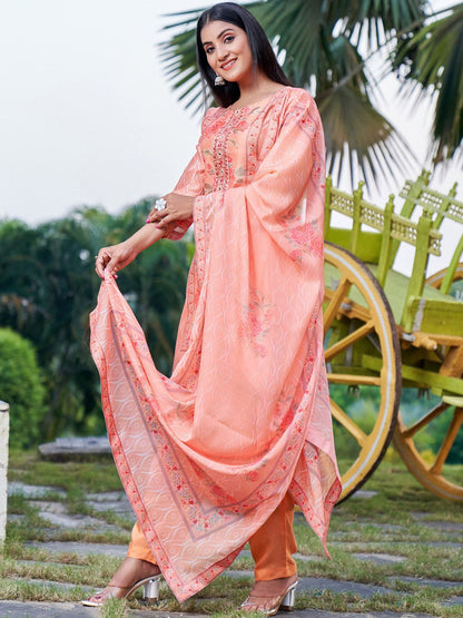 Indyancart IE Pink Floral Embroidered Round Neck Straight Kurta with Trousers & Dupatta