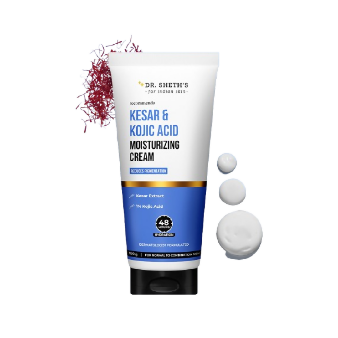 Dr. Sheth's Kesar and Kojic Acid face moisturizer in a jar, showcasing its creamy texture and packaging.