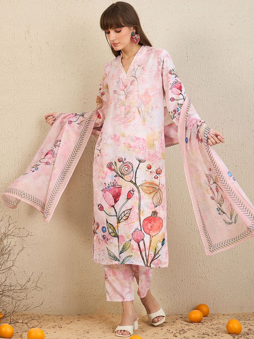 Indyancart IE Floral Printed V-Neck Chanderi Silk Straight Kurta With Trousers & Dupatta