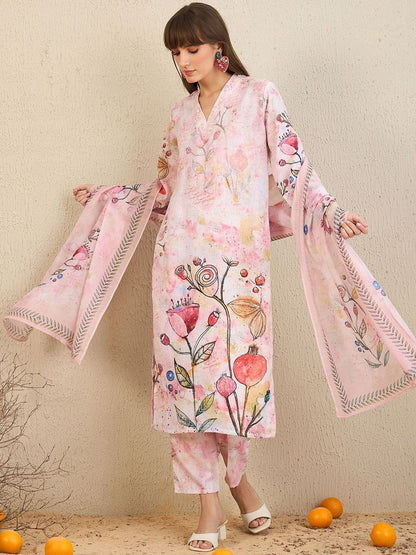Indyancart IE Floral Printed V-Neck Chanderi Silk Straight Kurta With Trousers & Dupatta