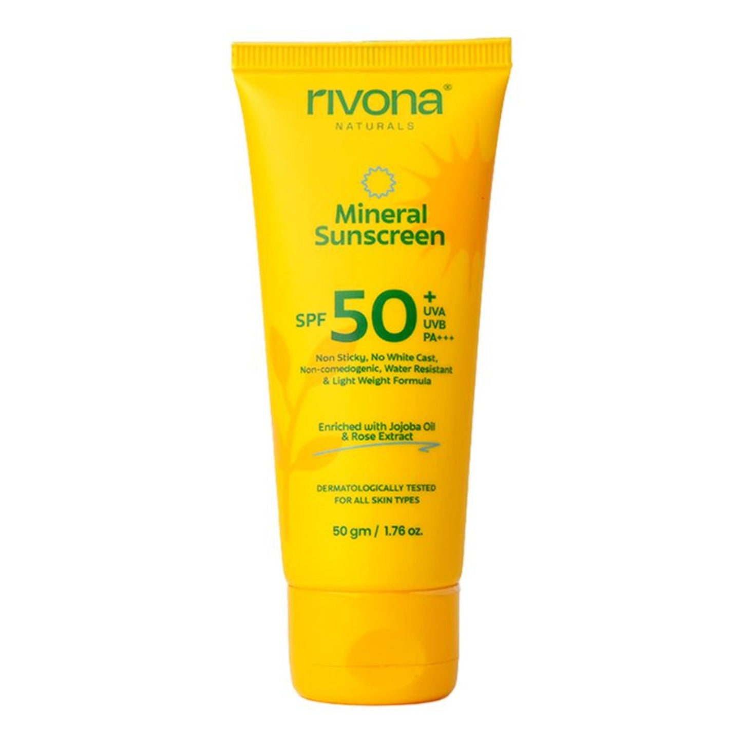 Rivona Naturals Mineral Sunscreen SPF 50 PA+++ Non-Sticky And No White Cast For All Skin Types