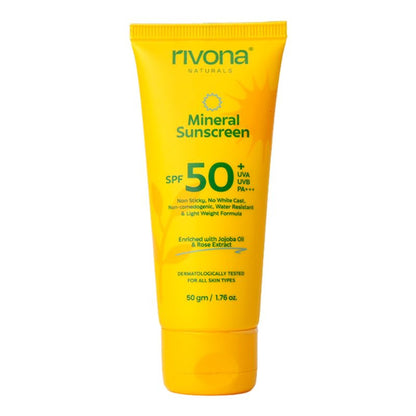 Rivona Naturals Mineral Sunscreen SPF 50 PA+++ Non-Sticky And No White Cast For All Skin Types