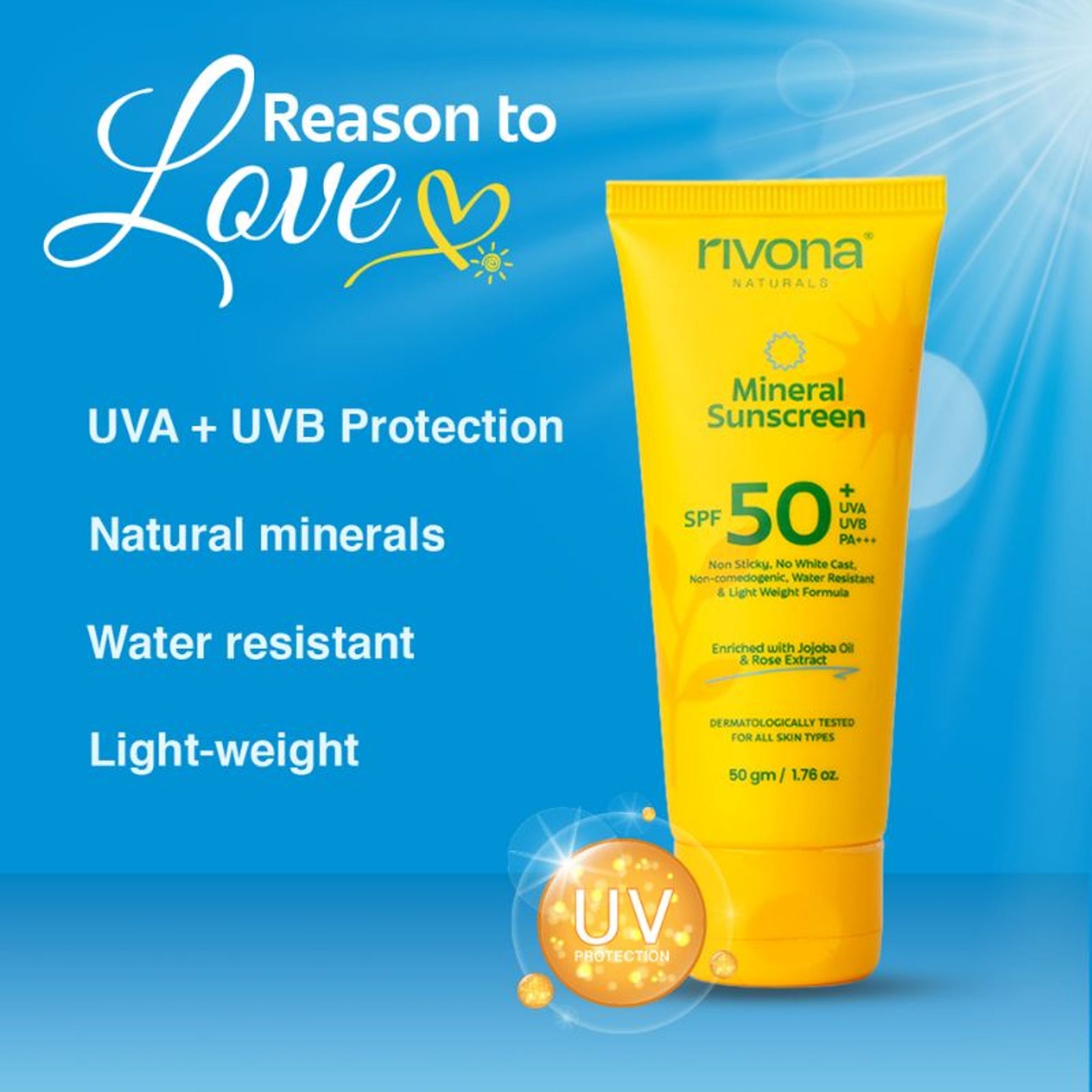 Rivona Naturals Mineral Sunscreen SPF 50 PA+++ Non-Sticky And No White Cast For All Skin Types