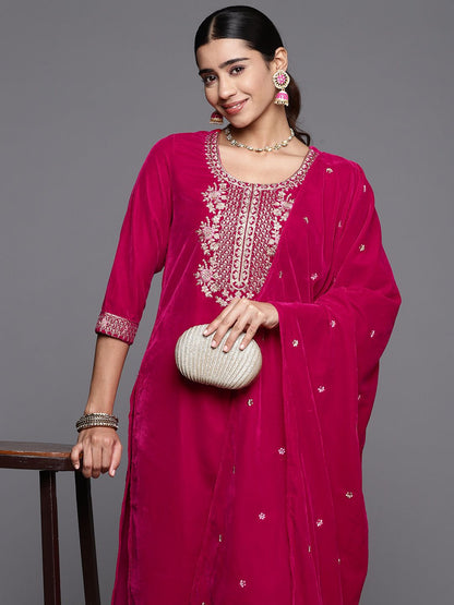 Indyancart VA Women'sFloral Zari Embroidered Velvet Kurta with Trouser & Velvet Dupatta