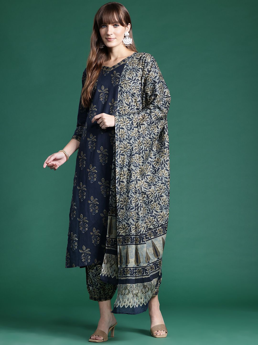 Indyancart IE Floral Printed Pure Cotton Kurta With Salwar & Dupatta