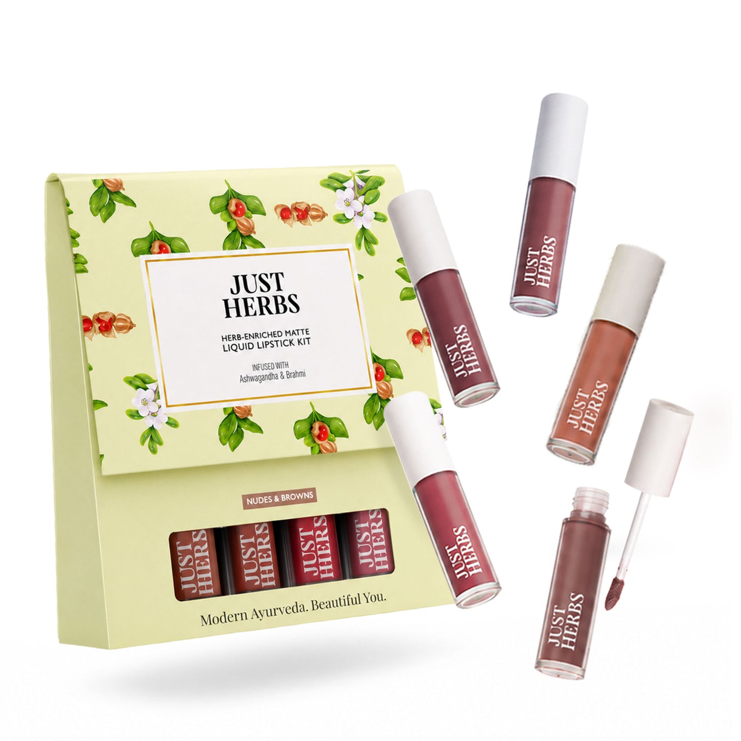 Just Herbs Herb Enriched Matte Liquid Lipsticks, Deeps & Reds, Hydrating & Lightweight - Pack of 5 - Nudes and Browns