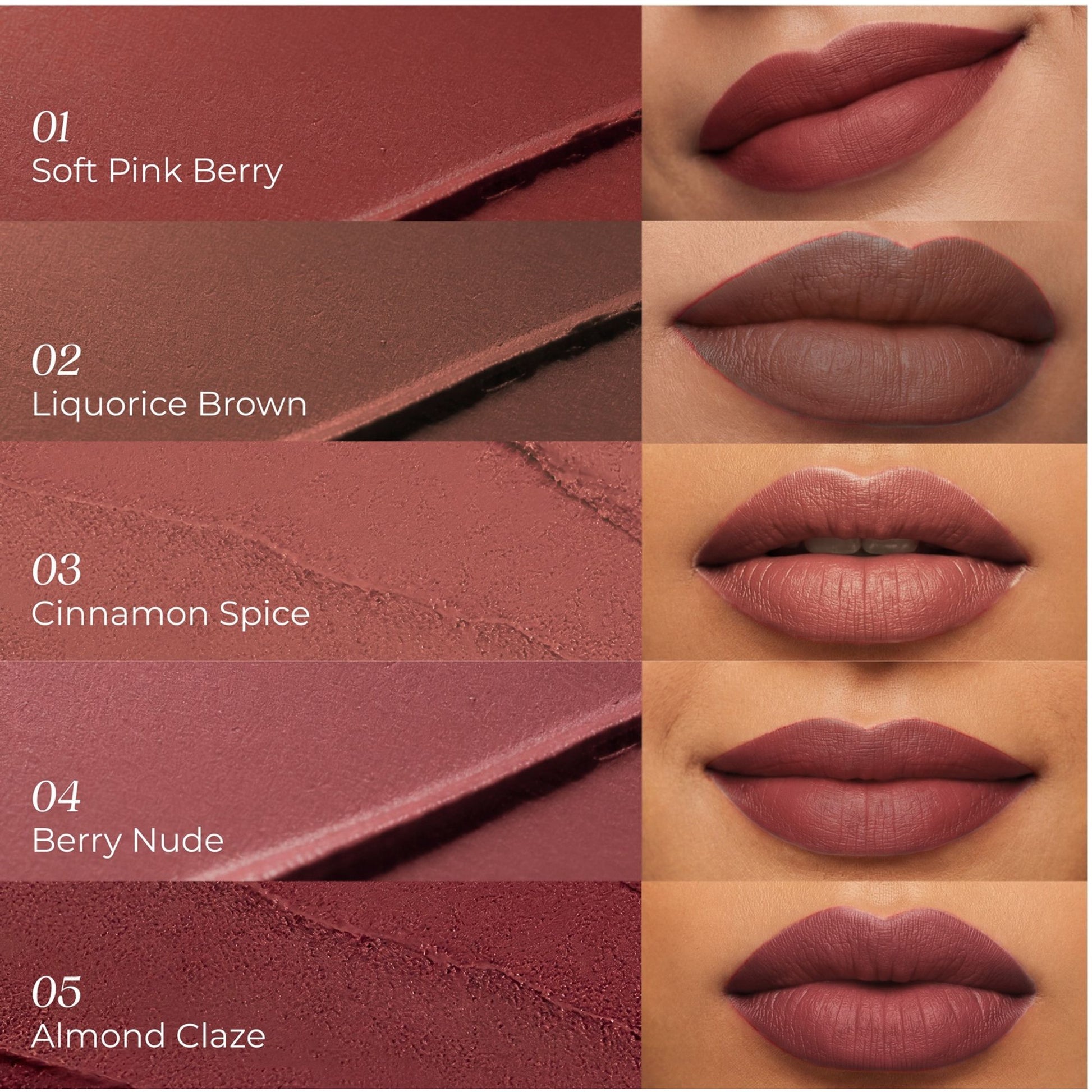 Just Herbs Herb Enriched Matte Liquid Lipsticks, Deeps & Reds, Hydrating & Lightweight - Pack of 5 - Nudes and Browns