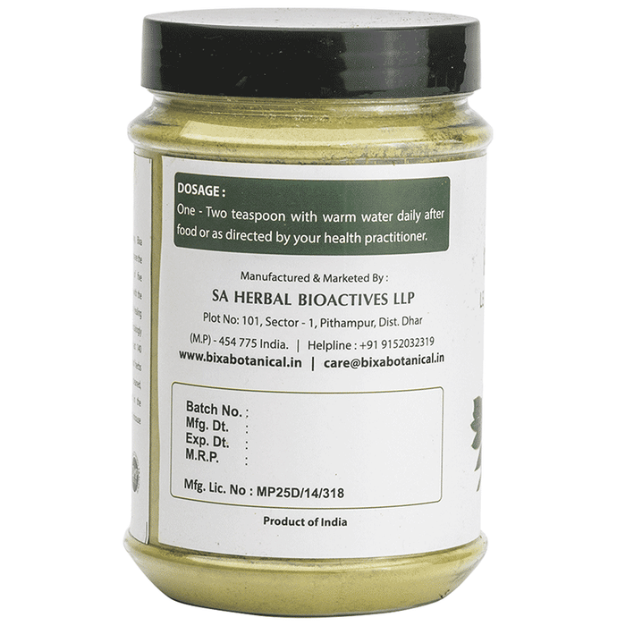 Bixa Botanical Ayurvedic Papaya Leaves Powder in a glass jar, showcasing vibrant green powder for herbal health use.
