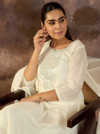 Embroidered Mirror Work Pure Cotton Straight Kurta With Trousers & Dupatta