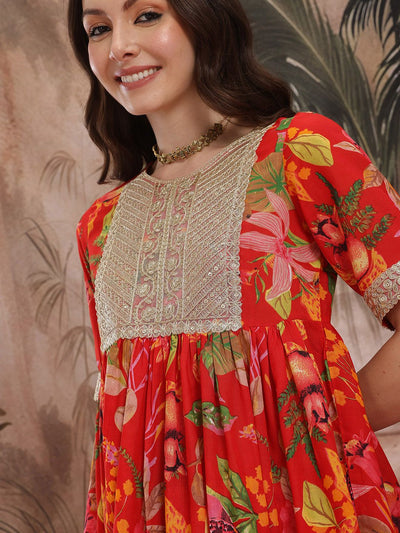 Indyancart SN Women's Floral Printed Pleated Kurta with Sharara & With Dupatta