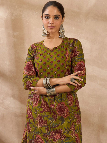 Floral Printed Notch Neck Pure Cotton Kurta With Trousers