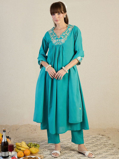 Indyancart IE Women Embroidered Beads & Stones Pure Cotton Kurta with Trousers & Dupatta