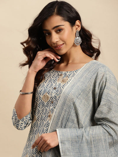Indyancart SN Women's Grey Ethnic Printed Thread Work Pure Cotton Kurta With Trouser & Dupatta Set