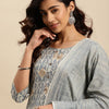 Dhiyona SN Women's Grey Ethnic Printed Thread Work Pure Cotton Kurta With Trouser & Dupatta Set