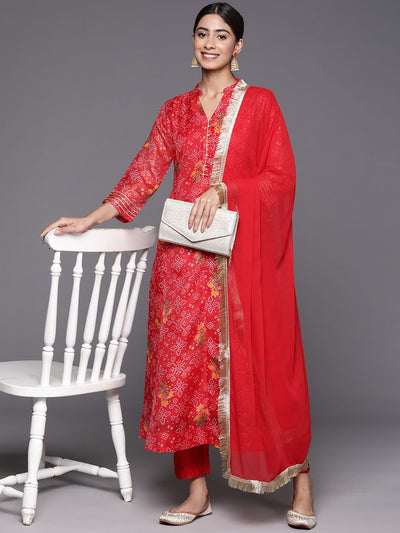 Indyancart VA Women'sRed Bandhani printed A line Kurta with Trouser and Dupatta