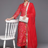Dhiyona VA Women'sRed Bandhani printed A line Kurta with Trouser and Dupatta