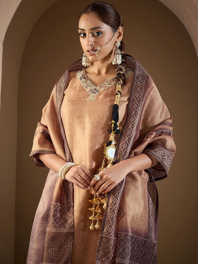 Indyancart IE Women Bandhani Printed Regular Sequinned Kurta with Trousers & With Dupatta